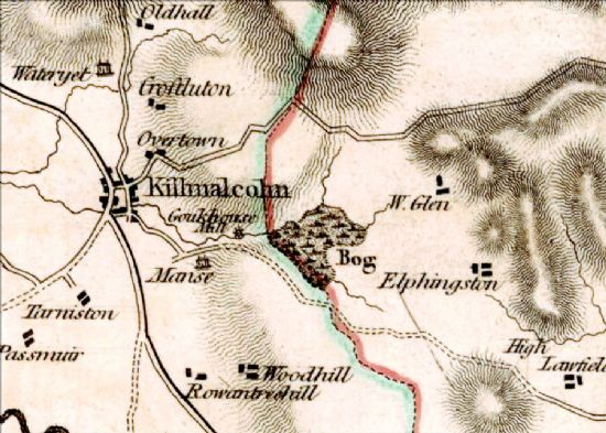 Image of an old map showing Killmalcom, surrounding hills and an area of bog to the east