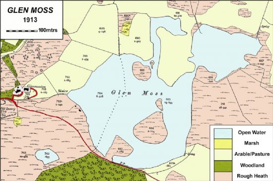 Colour coded map showing Glen Moss as open water surrounded by rough heath, arable pasture and woodland.