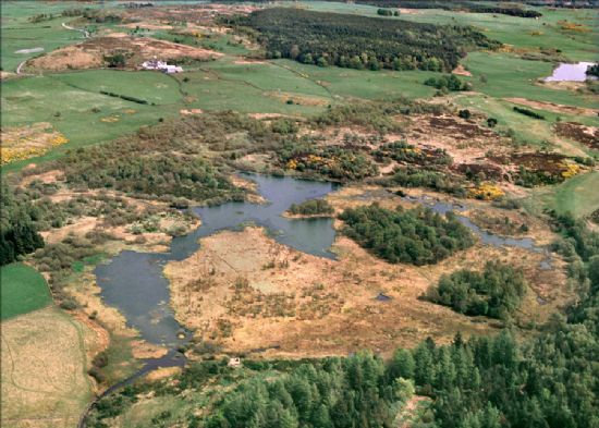 A photograph looking down on an area of water surrounded by rough grassland, woods and scrub, with arable fields behind.