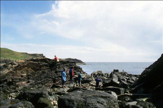 Group of people clambering over rocks along the seashore with sea in background.