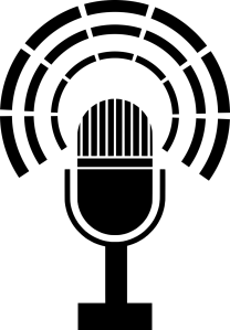 black icon representing a microphone with sounds coming out of it