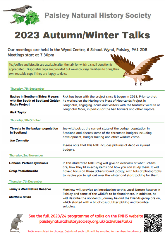 2023 Autumn/Winter Talks programme for Paisley Natural History Society