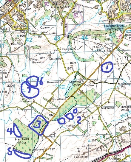 Ordnance survey map of the Gleniffer Braes with seven areas circled in blue pen and numbered