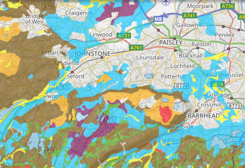 Map of the area to the south of Paisley with areas coloured in brown, yellow, red, purple green and blue