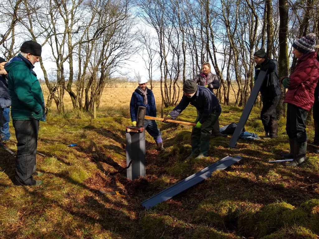 Group of people watching a person with a large mallet hammering a section of corrugated dam into the ground along a ditch.