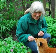 Photograph of seated woman hand-feeding a fox