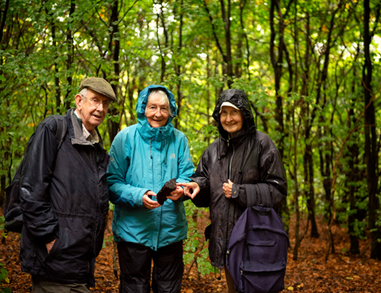 Three people wearing waterproofs standing in the rain beside a woodland with autumn leaves on the ground.