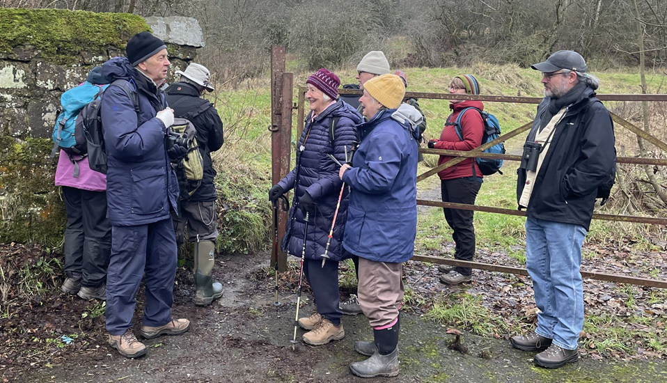 Group of people standing chatting at an open gate next to an old mossy wall