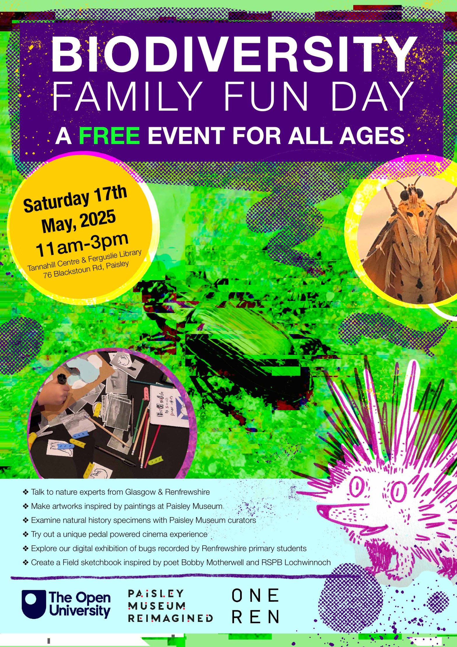 poster for Biodiversity family fun day with images of insects and illustration of a hedgehog